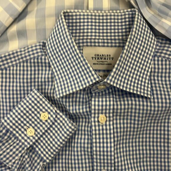 2-Charles Tyrwhitt Blue Gingham Check Plaid French Cuff & Standard Cuff Shirt M - Picture 2 of 7
